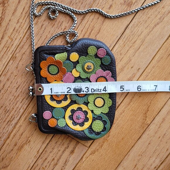 Brighton Brown Coin Purse Kiss Lock Leather Flower Appliqué Chain Strap - Picture 11 of 12